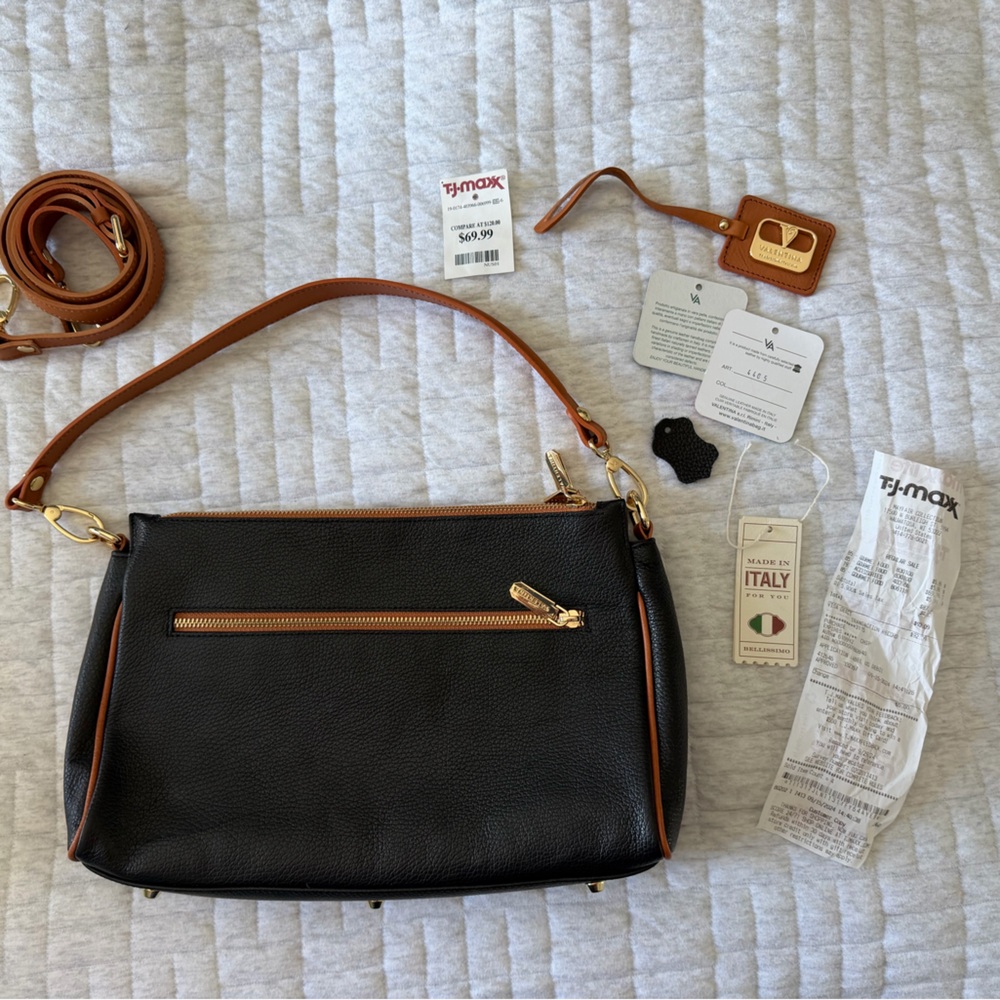Valentina Black Leather Crossbody Bag Clutch with tan accents